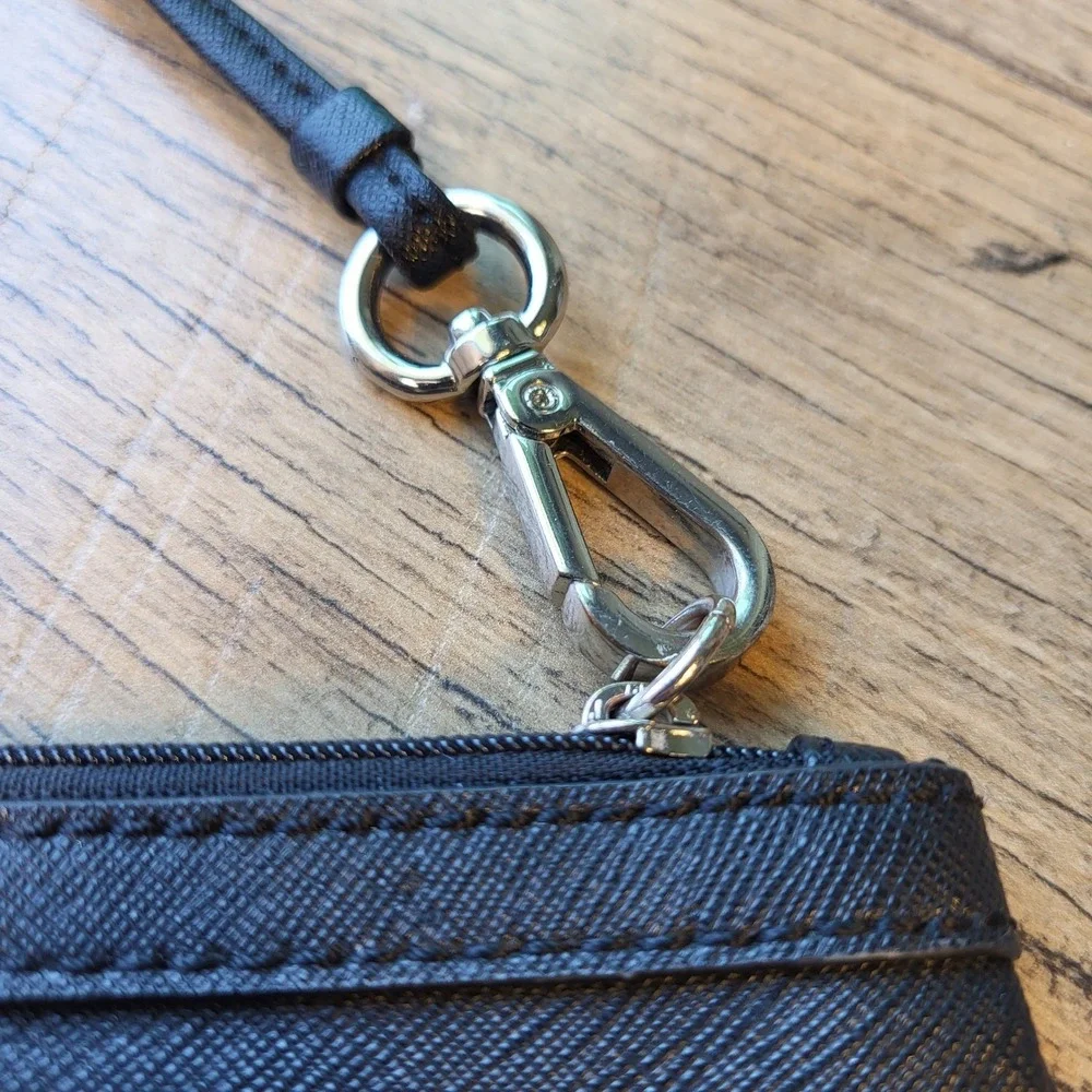 Calvin Klein Black Saffiano Leather Wristlet Pouch Zip Top Wallet Silver Logo